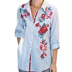 Soft Surroundings Garden City Floral Embroidered Button Down Cotton Shirt Sz M